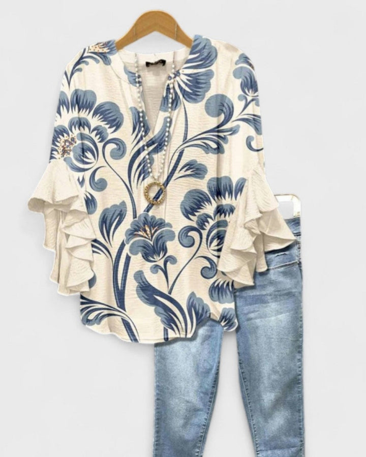 Girendra | Floral Print Blouse with Ruffle Sleeves
