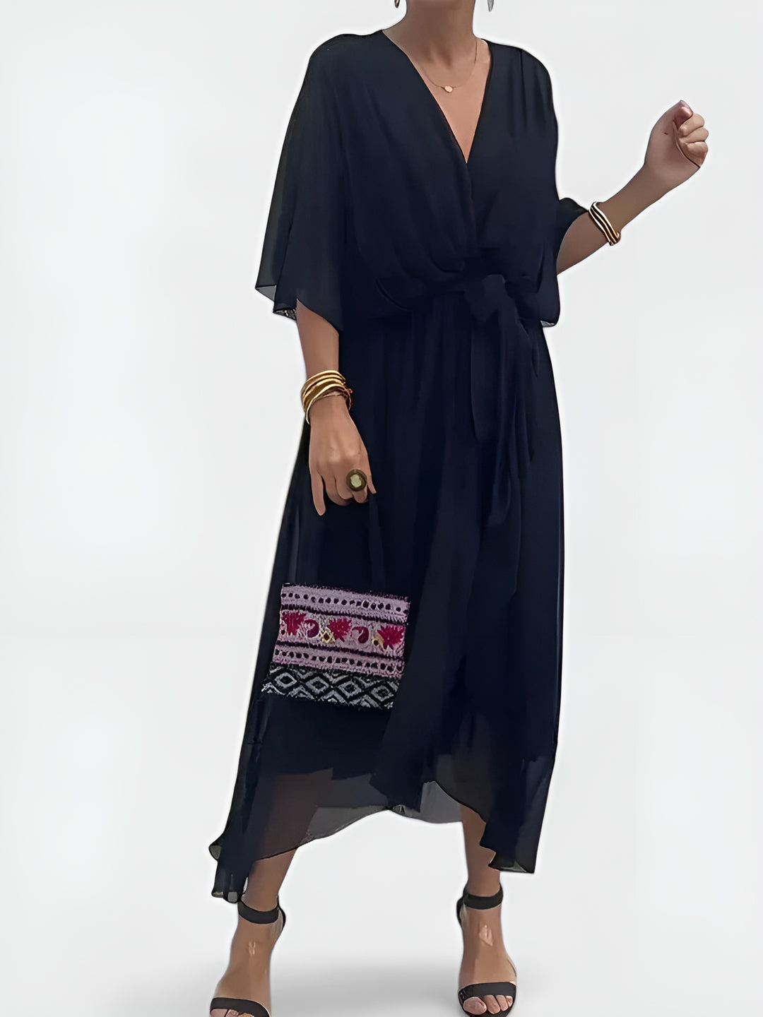 Girevessa | Elegant Wrap Midi Dress with Tie Waist