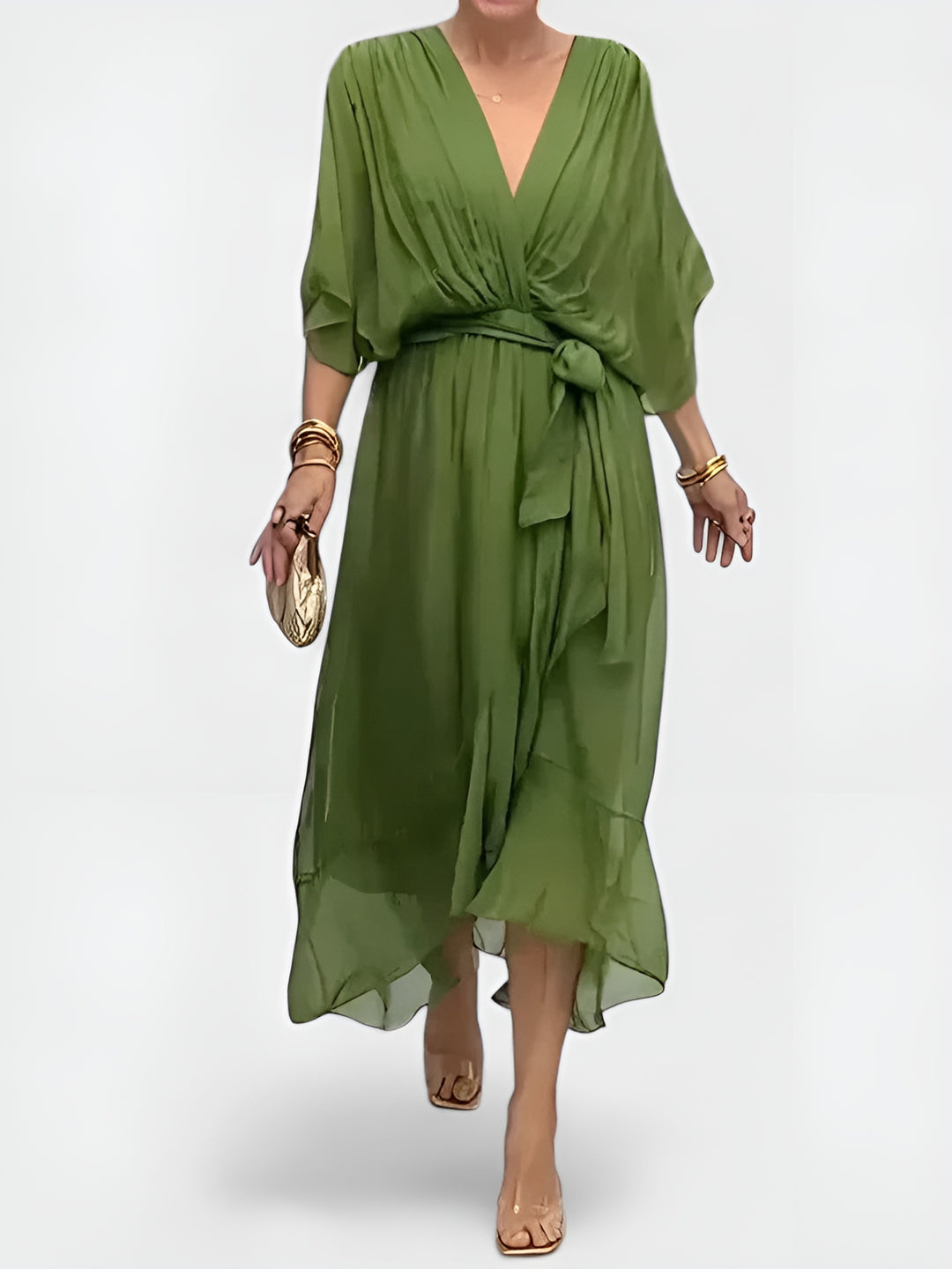 Girevessa | Elegant Wrap Midi Dress with Tie Waist
