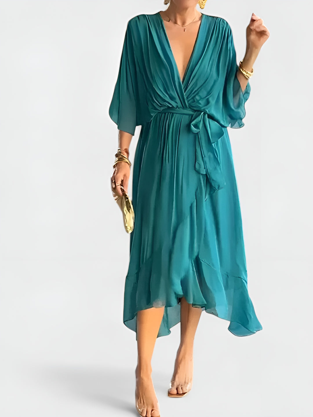Girevessa | Elegant Wrap Midi Dress with Tie Waist