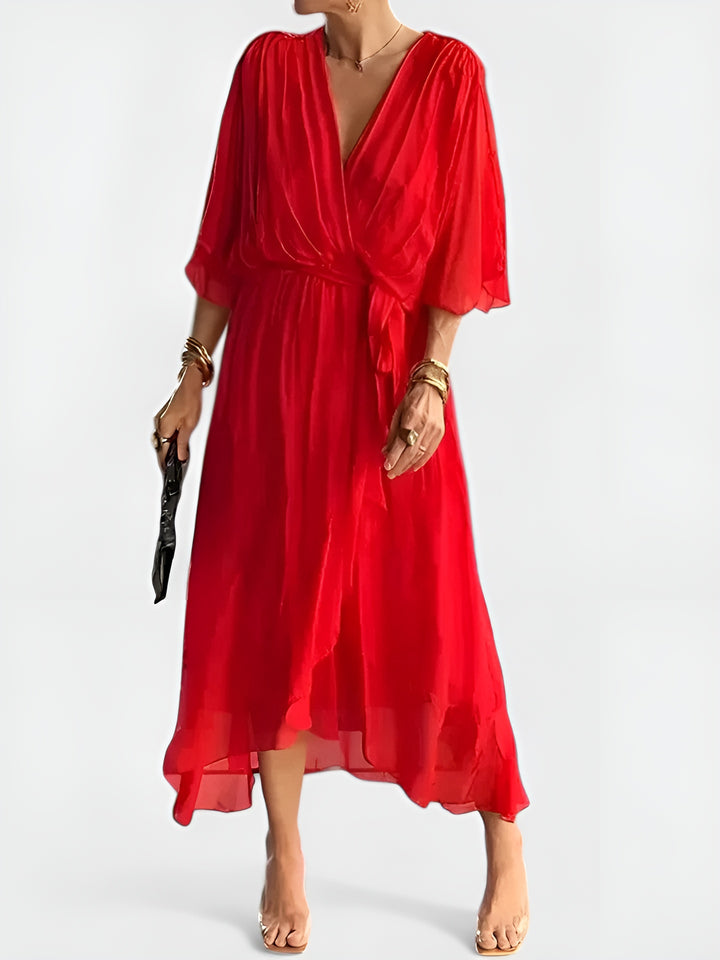 Girevessa | Elegant Wrap Midi Dress with Tie Waist
