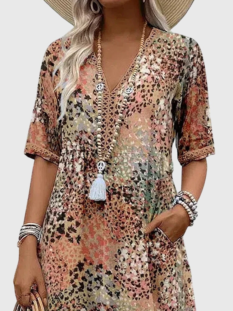 Glyvera | Boho Floral Midi Dress with V-Neck
