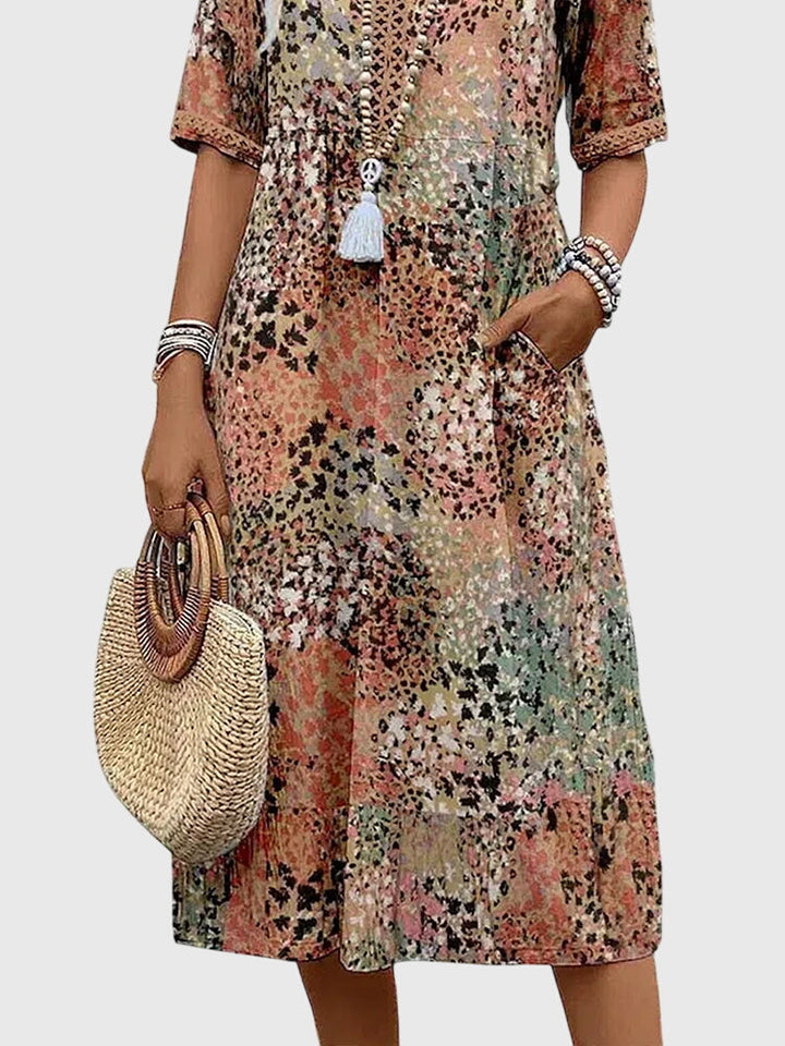 Glyvera | Boho Floral Midi Dress with V-Neck