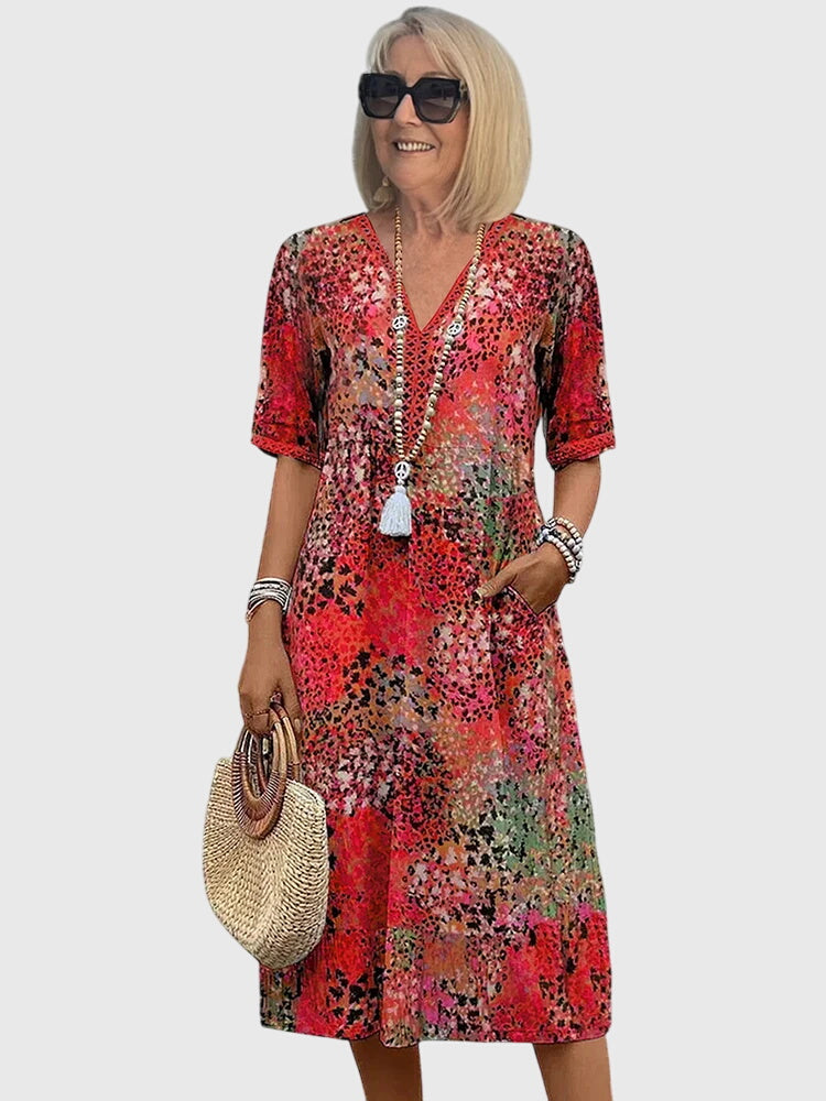 Glyvera | Boho Floral Midi Dress with V-Neck