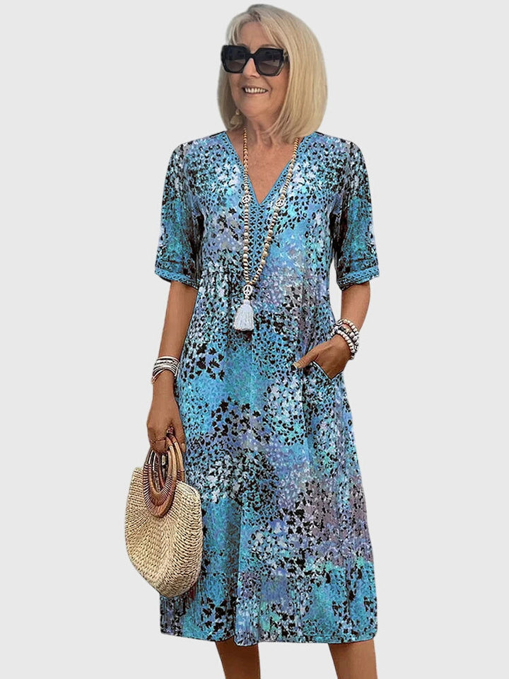 Glyvera | Boho Floral Midi Dress with V-Neck