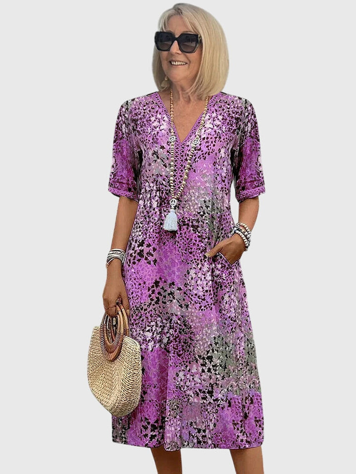 Glyvera | Boho Floral Midi Dress with V-Neck