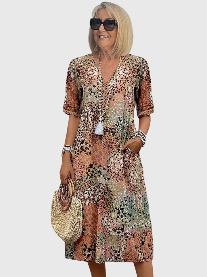 Glyvera | Boho Floral Midi Dress with V-Neck