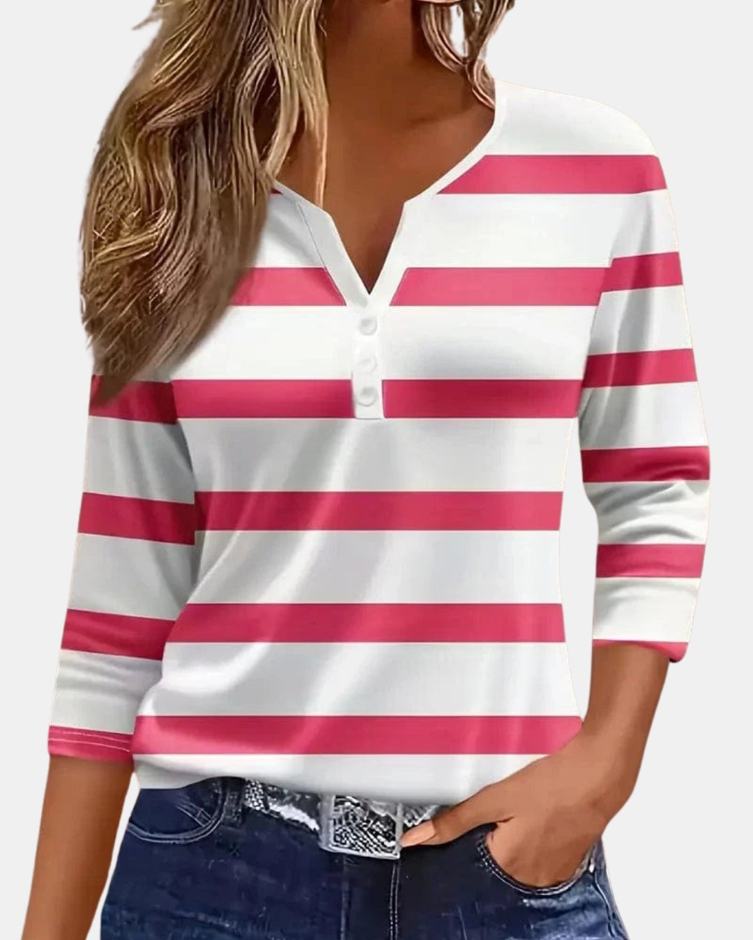 Halira | Striped V Neck 3/4 Sleeve Top