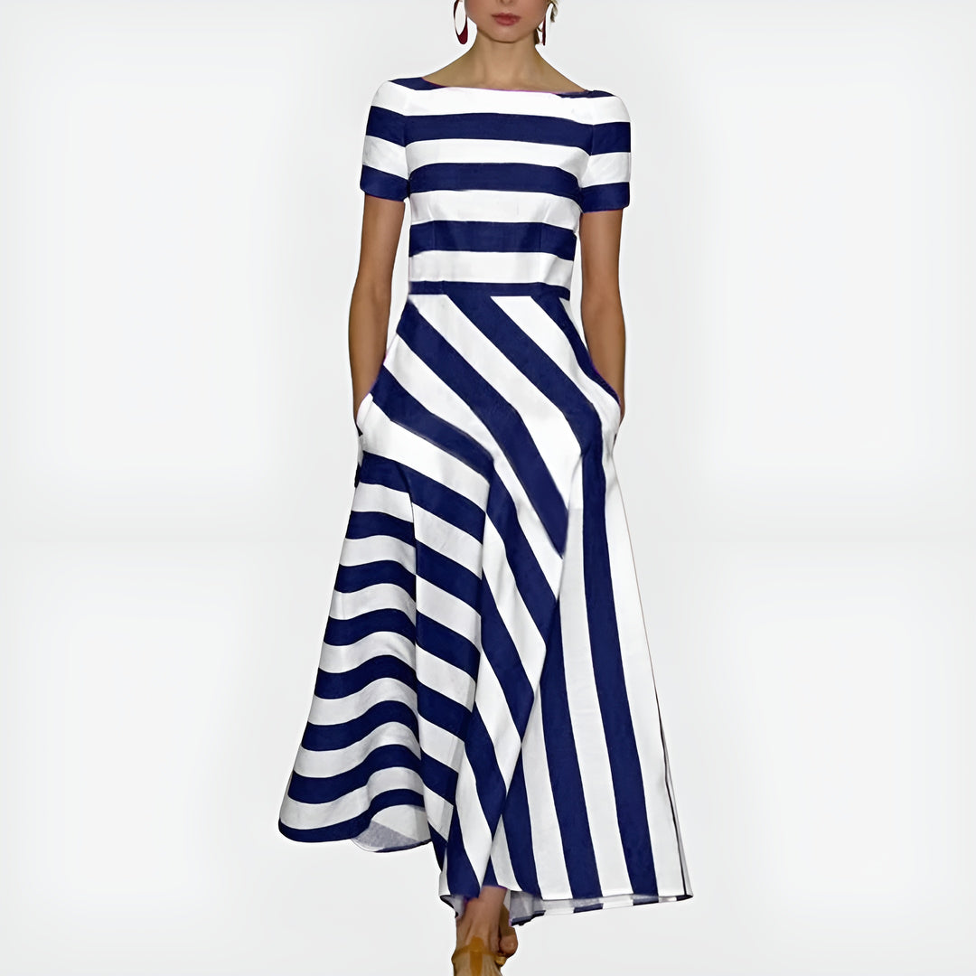 Havoria | Classic Striped Midi Dress with Boat Neck