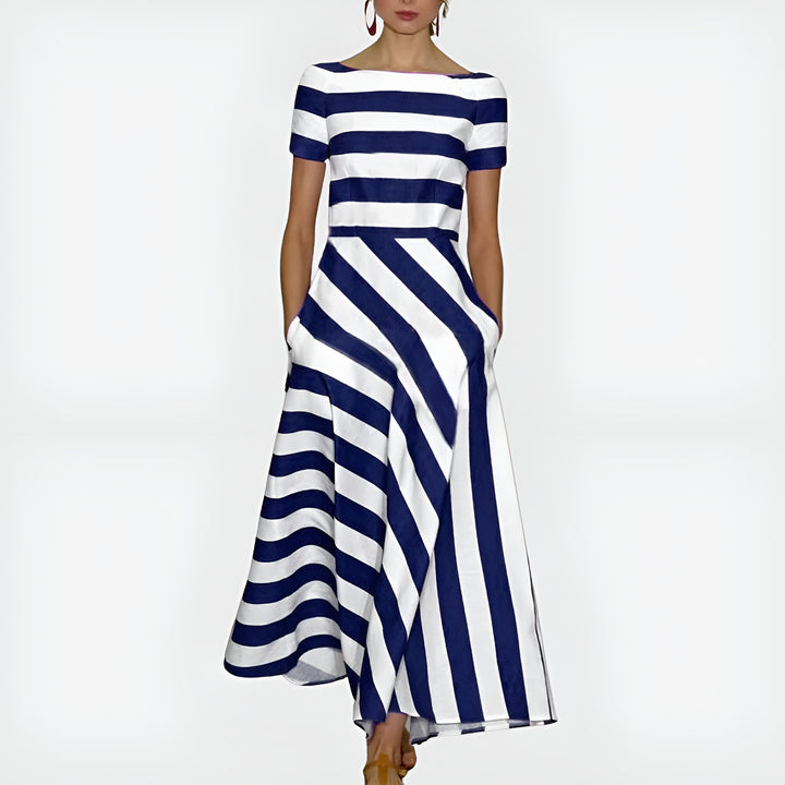 Havoria | Classic Striped Midi Dress with Boat Neck