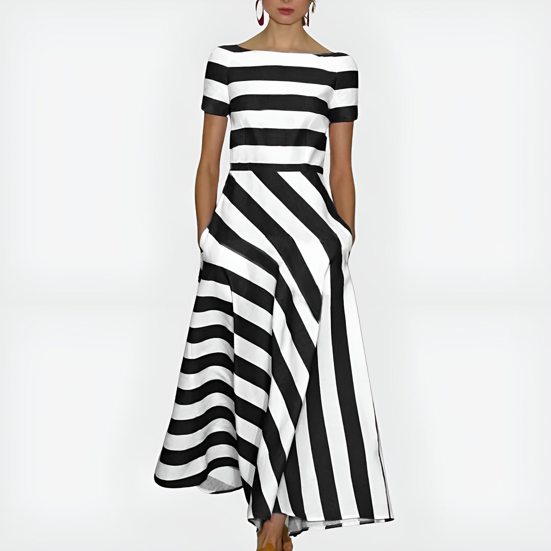 Havoria | Classic Striped Midi Dress with Boat Neck
