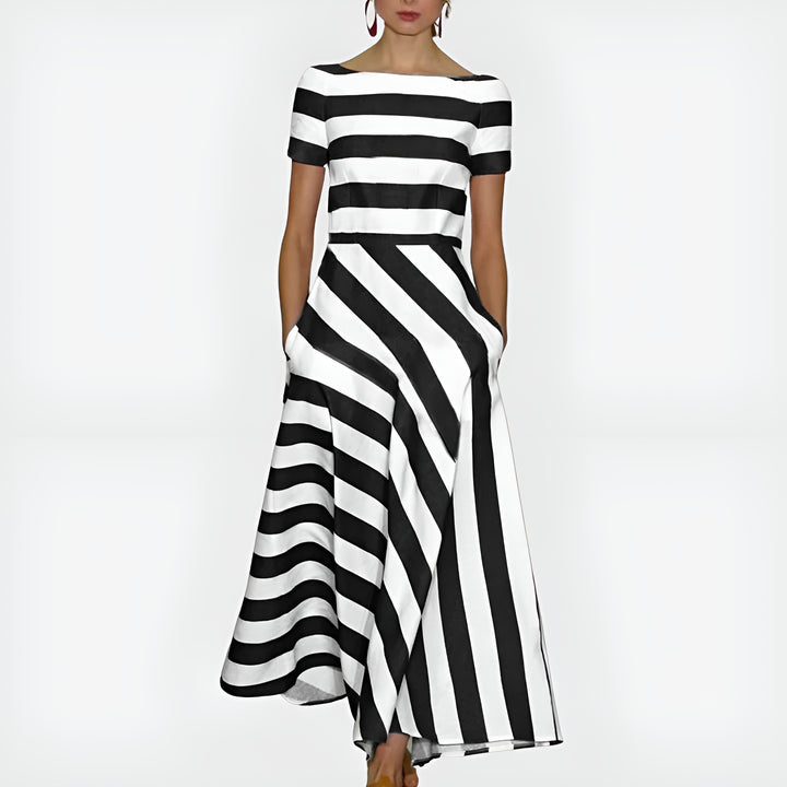 Havoria | Classic Striped Midi Dress with Boat Neck