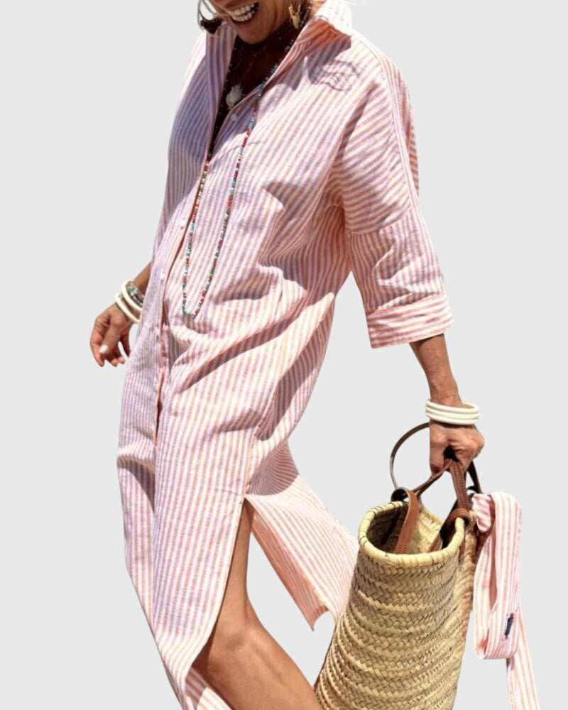 Heryvella | Striped Button Front Shirt Dress with Long Sleeves