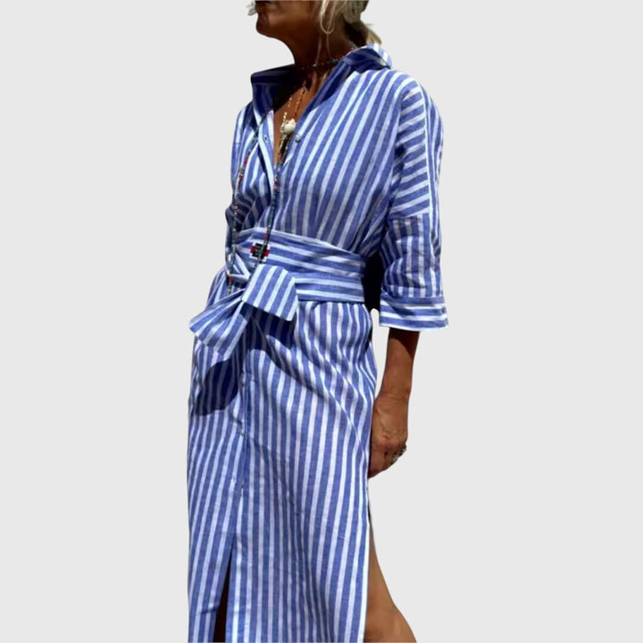 Heryvella | Striped Button Front Shirt Dress with Long Sleeves