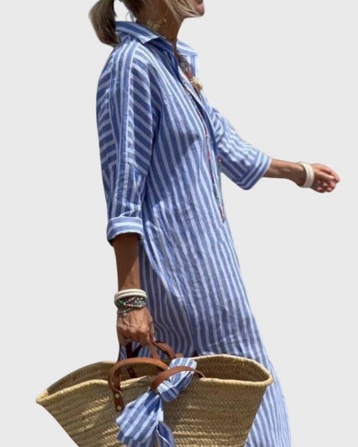 Heryvella | Striped Button Front Shirt Dress with Long Sleeves