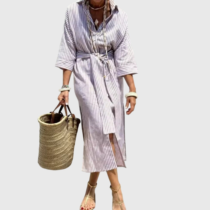 Heryvella | Striped Button Front Shirt Dress with Long Sleeves