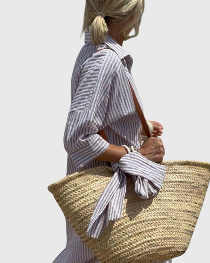 Heryvella | Striped Button Front Shirt Dress with Long Sleeves
