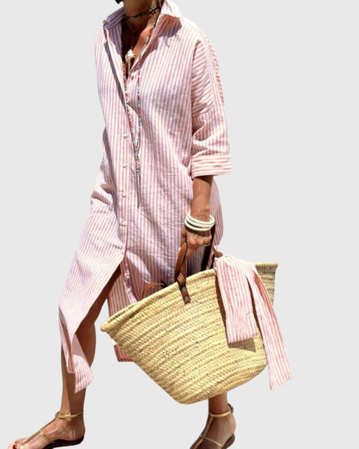 Heryvella | Striped Button Front Shirt Dress with Long Sleeves
