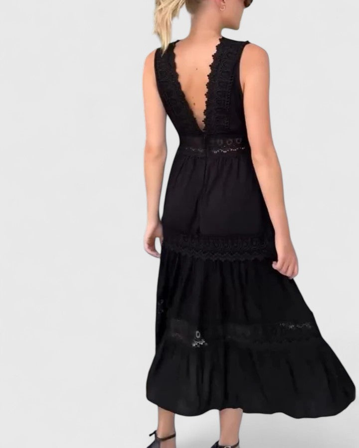 Hynoria | Boho V-Neck Midi Dress with Lace Panels