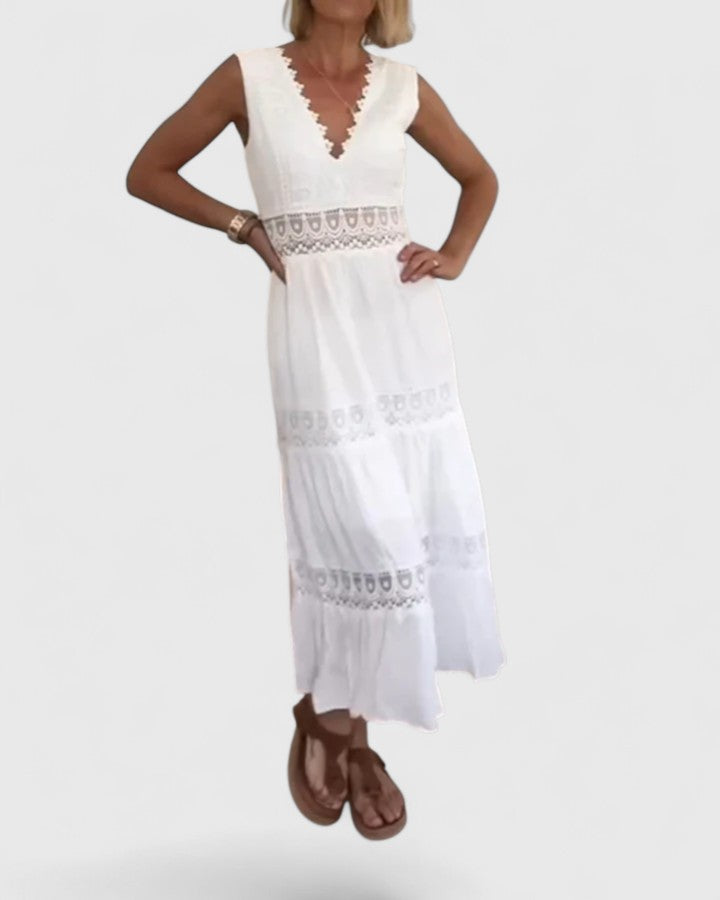 Hynoria | Boho V-Neck Midi Dress with Lace Panels