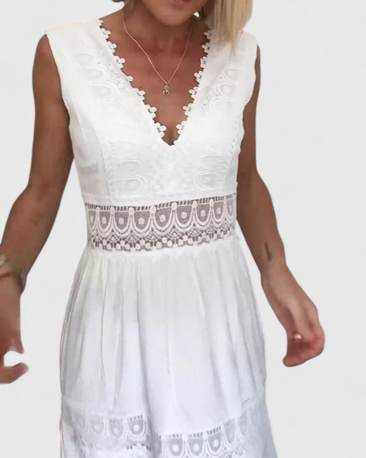 Hynoria | Boho V-Neck Midi Dress with Lace Panels