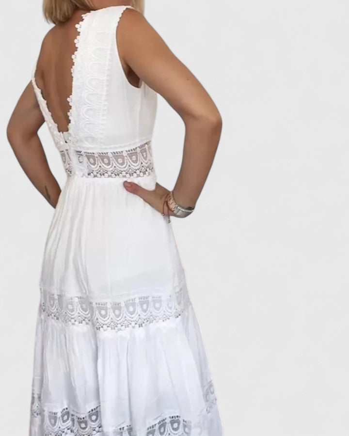 Hynoria | Boho V-Neck Midi Dress with Lace Panels