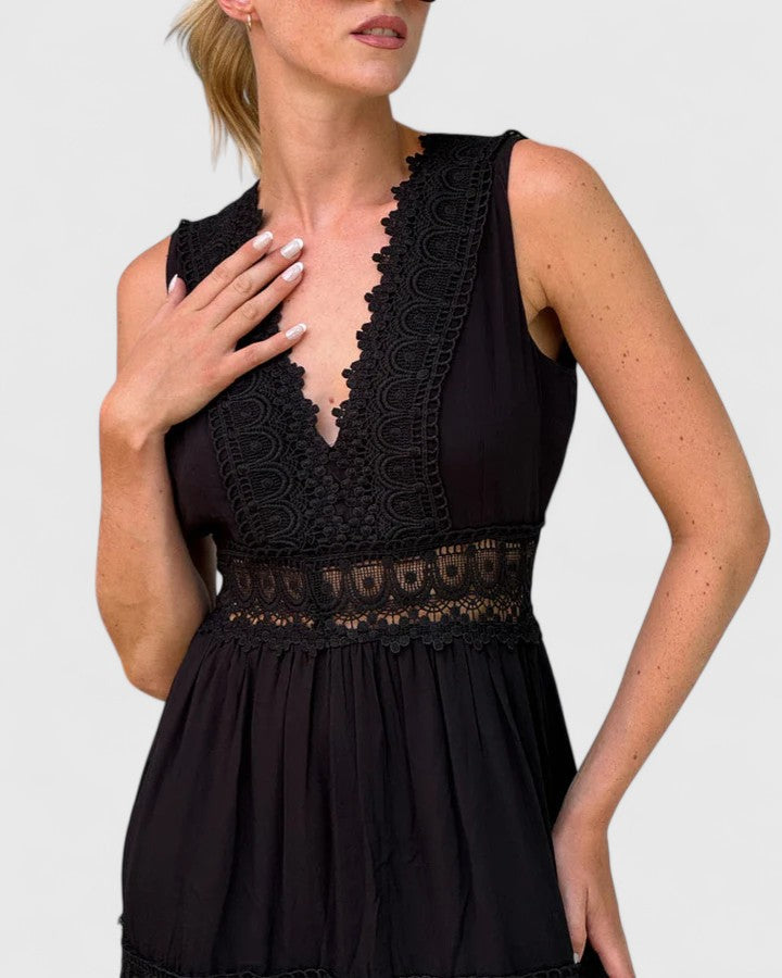 Hynoria | Boho V-Neck Midi Dress with Lace Panels