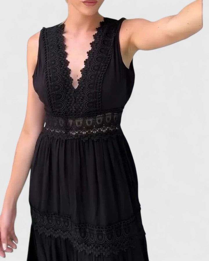 Hynoria | Boho V-Neck Midi Dress with Lace Panels