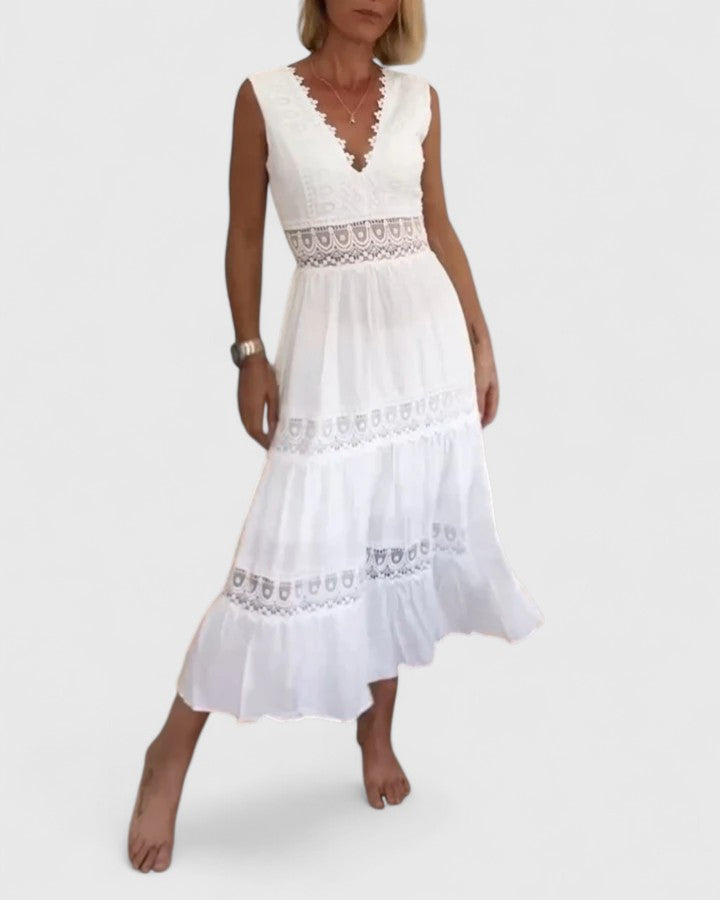 Hynoria | Boho V-Neck Midi Dress with Lace Panels