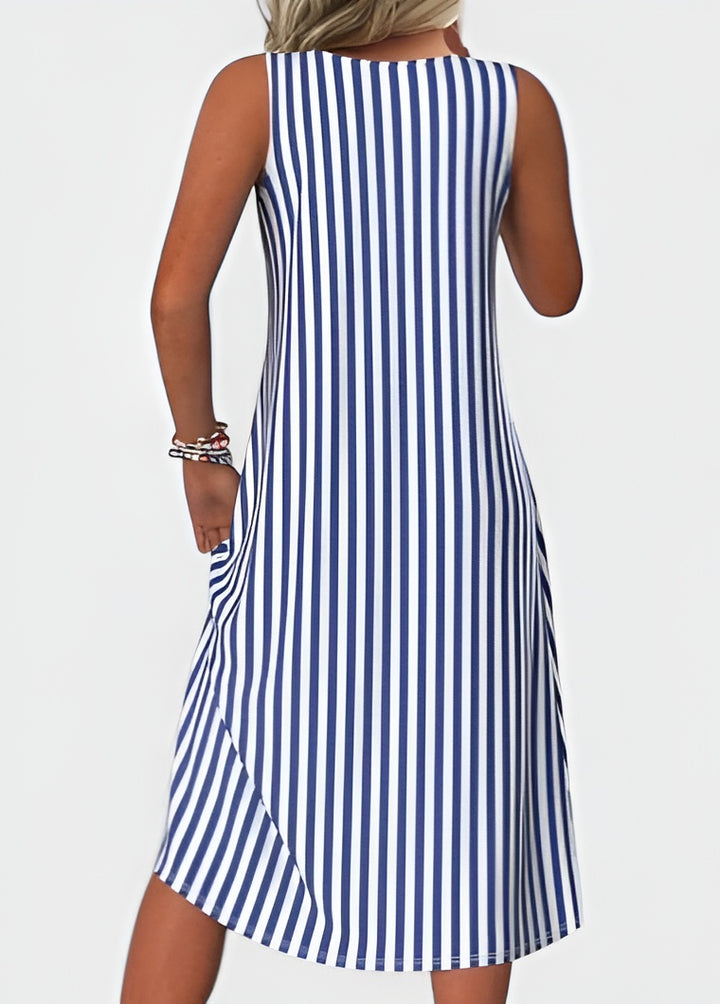 Ilverra | Striped Sleeveless Midi Dress with Asymmetric Panel