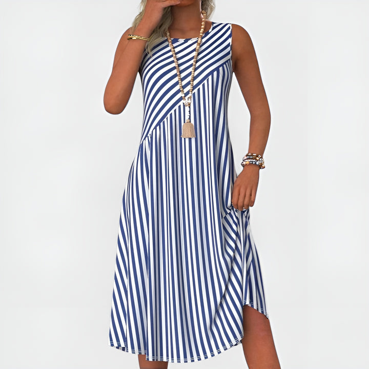 Ilverra | Striped Sleeveless Midi Dress with Asymmetric Panel