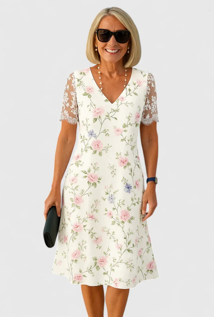 Ilymora | Floral Midi Dress with Lace Sleeves