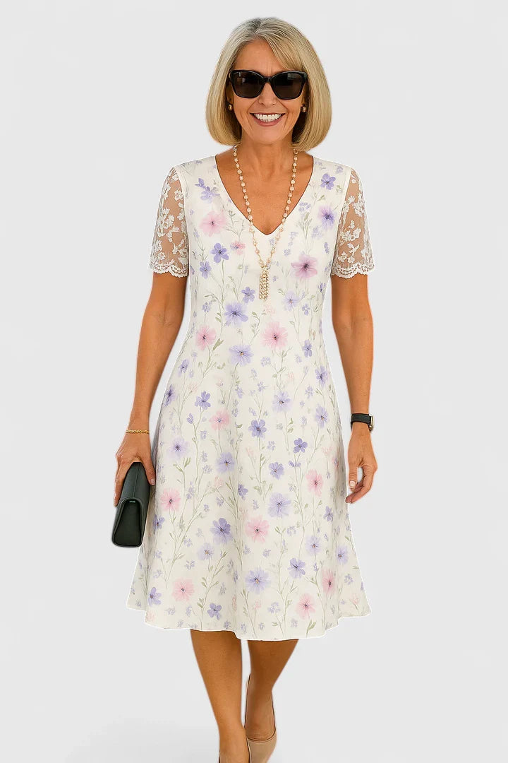 Ilymora | Floral Midi Dress with Lace Sleeves