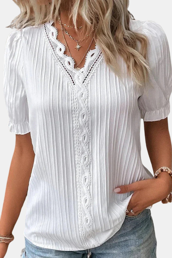 Isoldee | Lace Trim Puff Sleeve Blouse