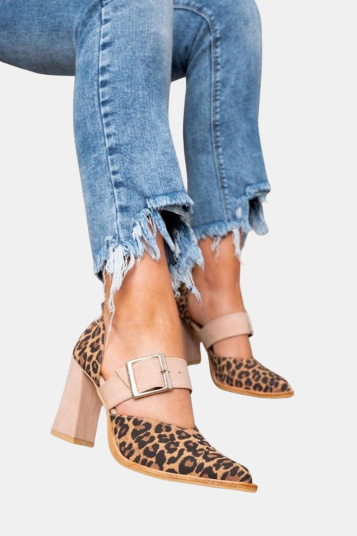 Isra | Chic Leopard Print Block Heel Pumps with Buckle Strap