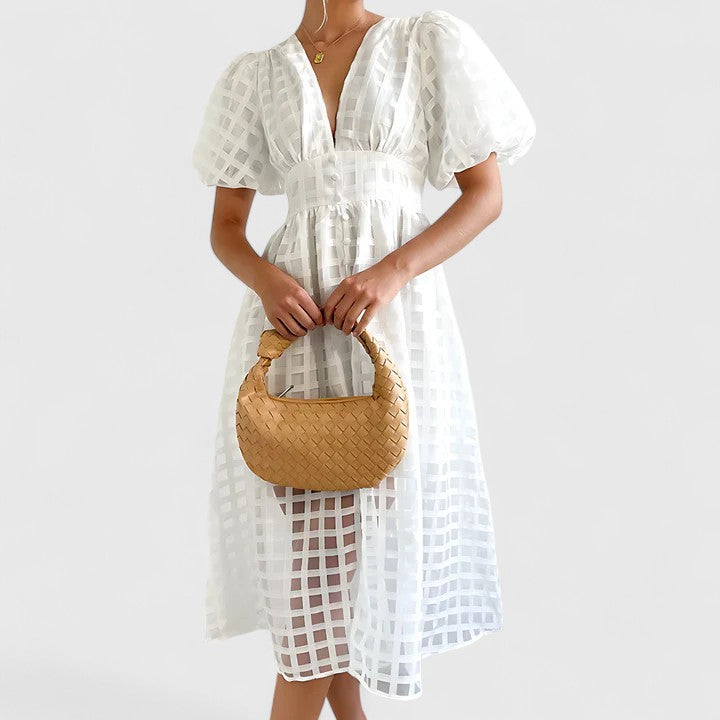 Jalyvora | Elegant Button Front Midi Dress with Puff Sleeves