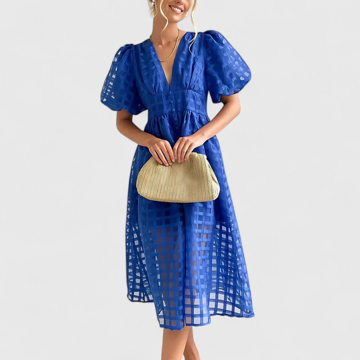 Jalyvora | Elegant Button Front Midi Dress with Puff Sleeves