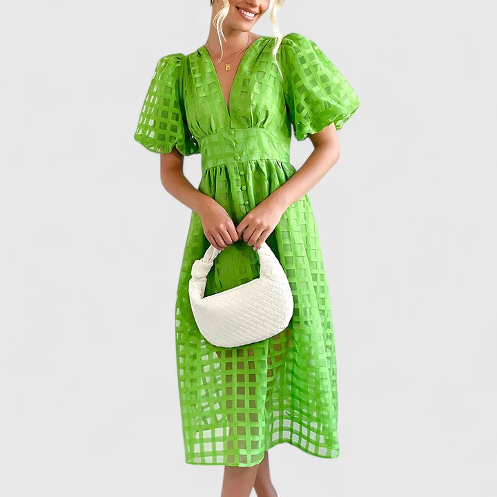Jalyvora | Elegant Button Front Midi Dress with Puff Sleeves