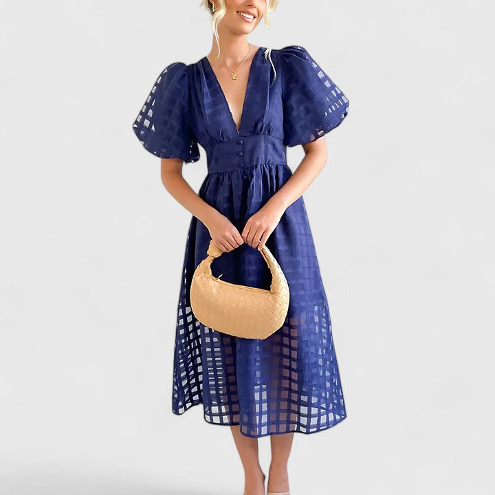 Jalyvora | Elegant Button Front Midi Dress with Puff Sleeves