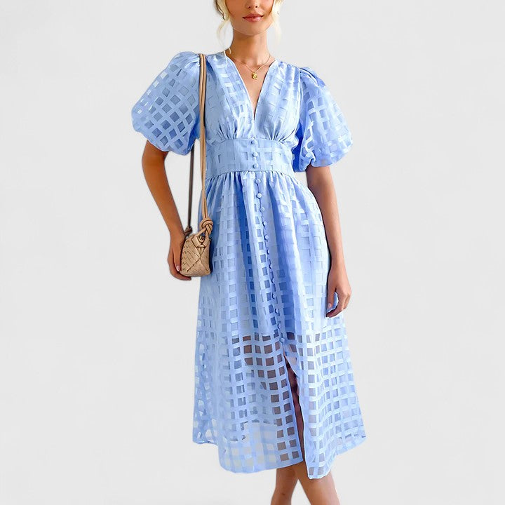 Jalyvora | Elegant Button Front Midi Dress with Puff Sleeves