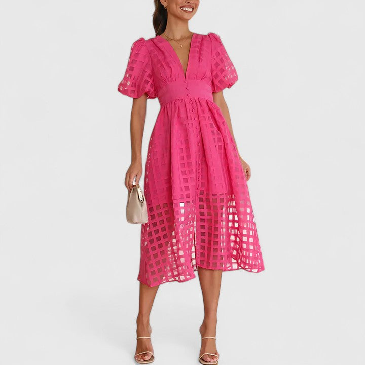 Jalyvora | Elegant Button Front Midi Dress with Puff Sleeves