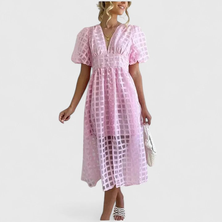 Jalyvora | Elegant Button Front Midi Dress with Puff Sleeves