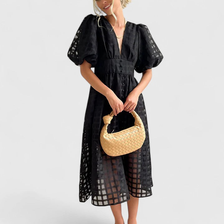 Jalyvora | Elegant Button Front Midi Dress with Puff Sleeves