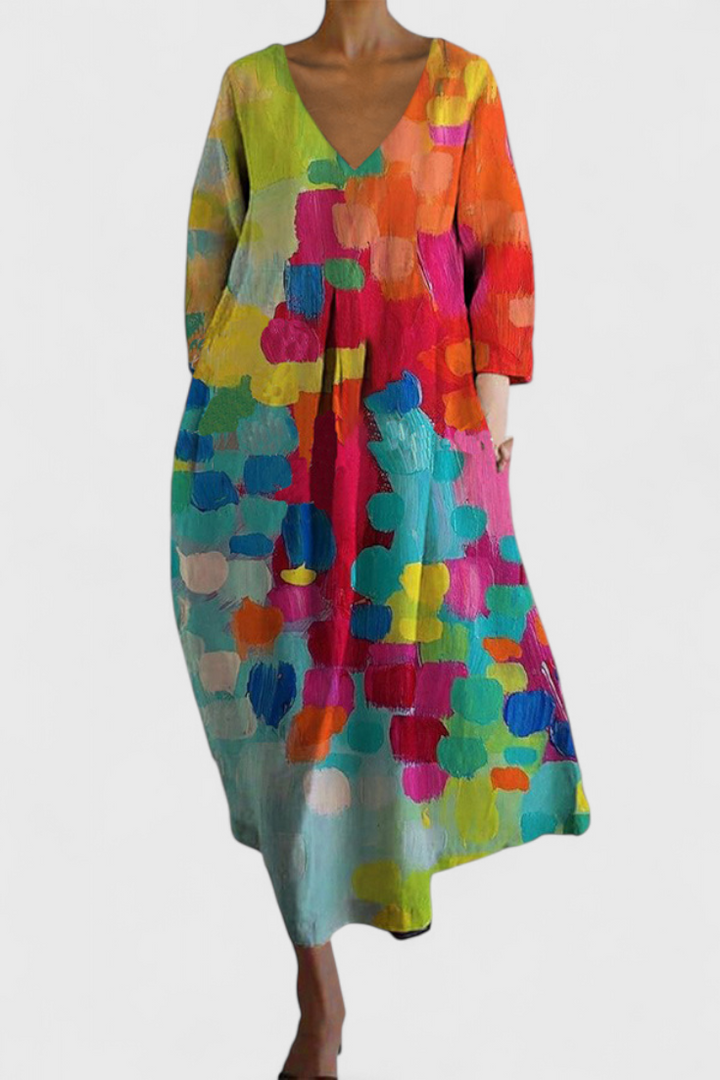 Jasmira | Printed V-Neck Maxi Dress with Flowing Skirt