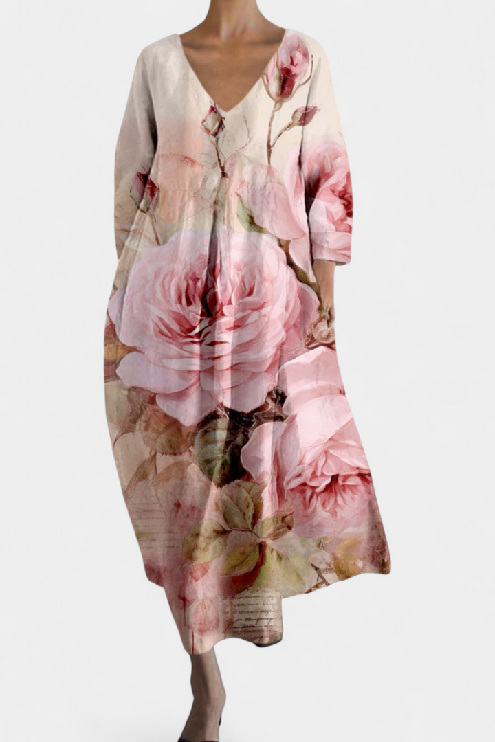 Jasmira | Printed V-Neck Maxi Dress with Flowing Skirt