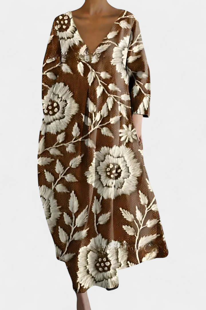 Jasmira | Printed V-Neck Maxi Dress with Flowing Skirt