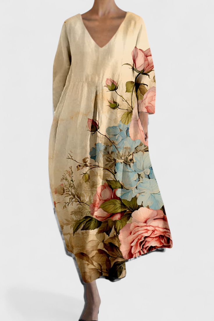 Jasmira | Printed V-Neck Maxi Dress with Flowing Skirt