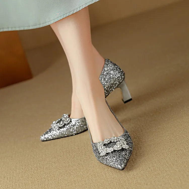 Jessika | Glitter Pointed Toe Pumps with Block Heel