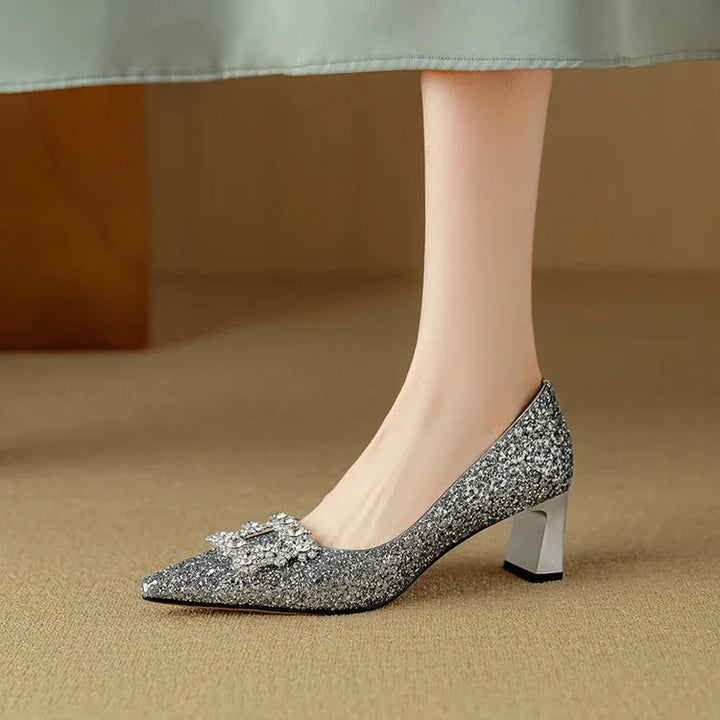 Jessika | Glitter Pointed Toe Pumps with Block Heel