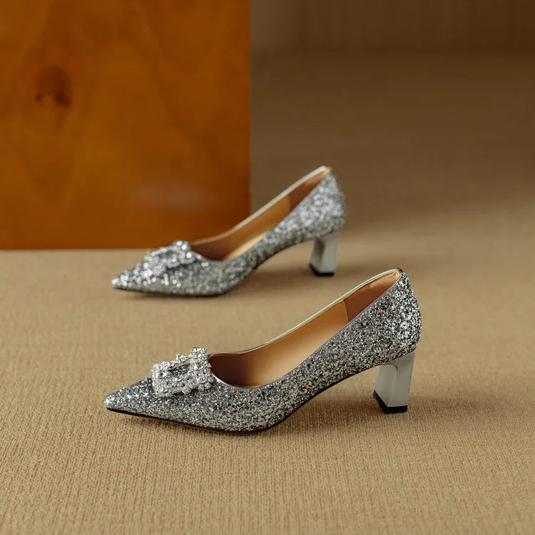 Jessika | Glitter Pointed Toe Pumps with Block Heel